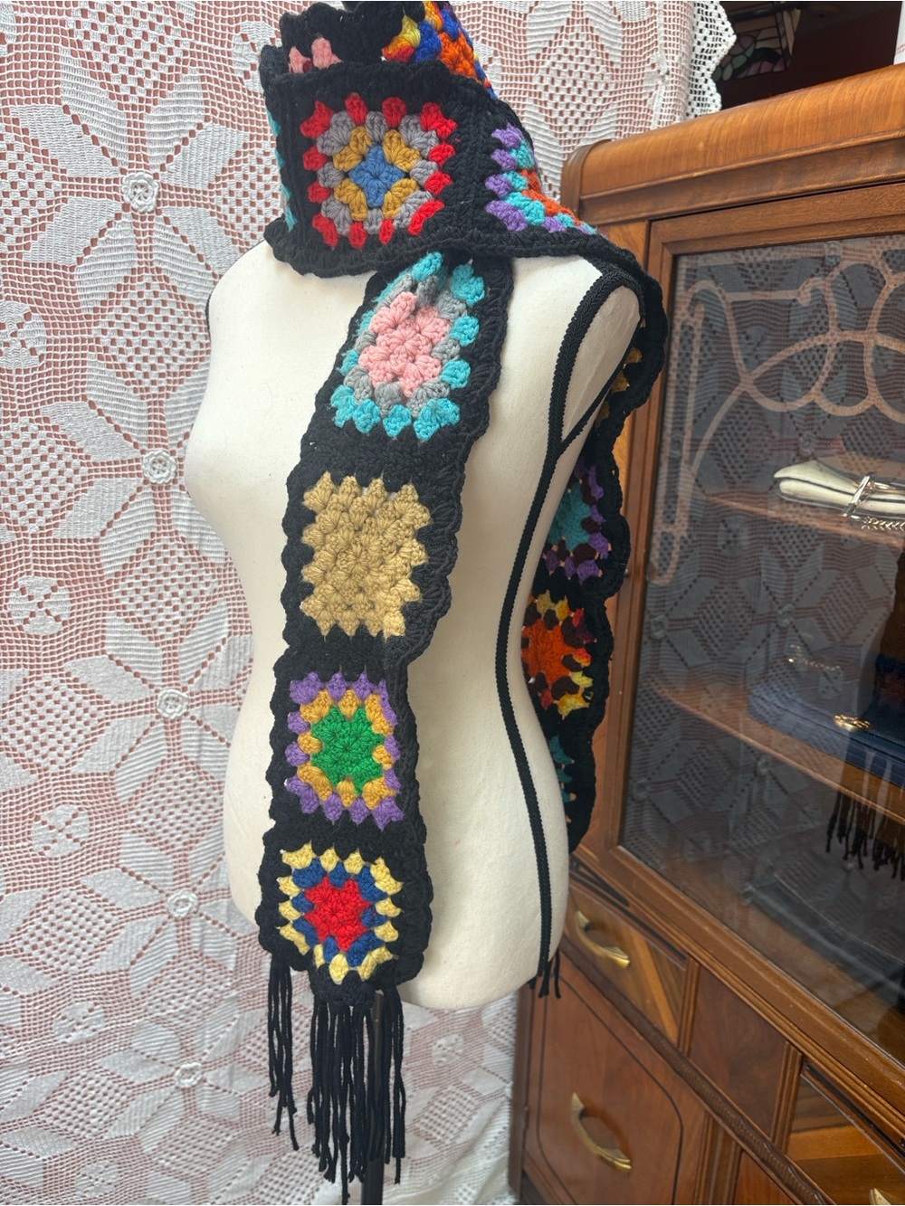 Upcycled Vintage Afghan Granny Square Scarf – 88” Long